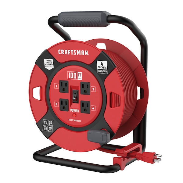 Craftsman Cord Reel With Hand Lamp, Hand Operated, 14 AWG, Red Reel Color, 4 Outlets CMXCRPA14100 - main